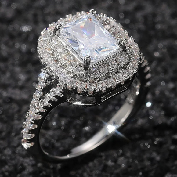 💥DOUBLE LAYER 14K WHITE GOLD RADIANT CUT PURE CZ LUXURY WEDDING RING, K856 - Picture 1 of 6